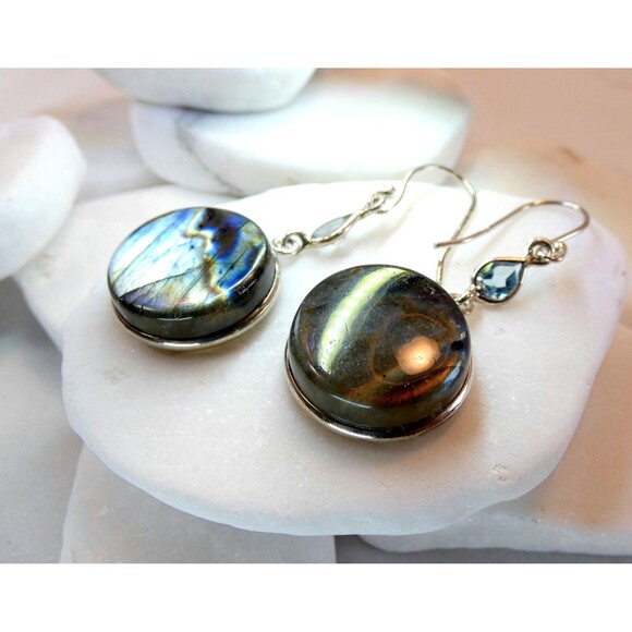 Natural Labradorite Iolite Gemstone Sterling Silver Earrings - Picture 6 of 7